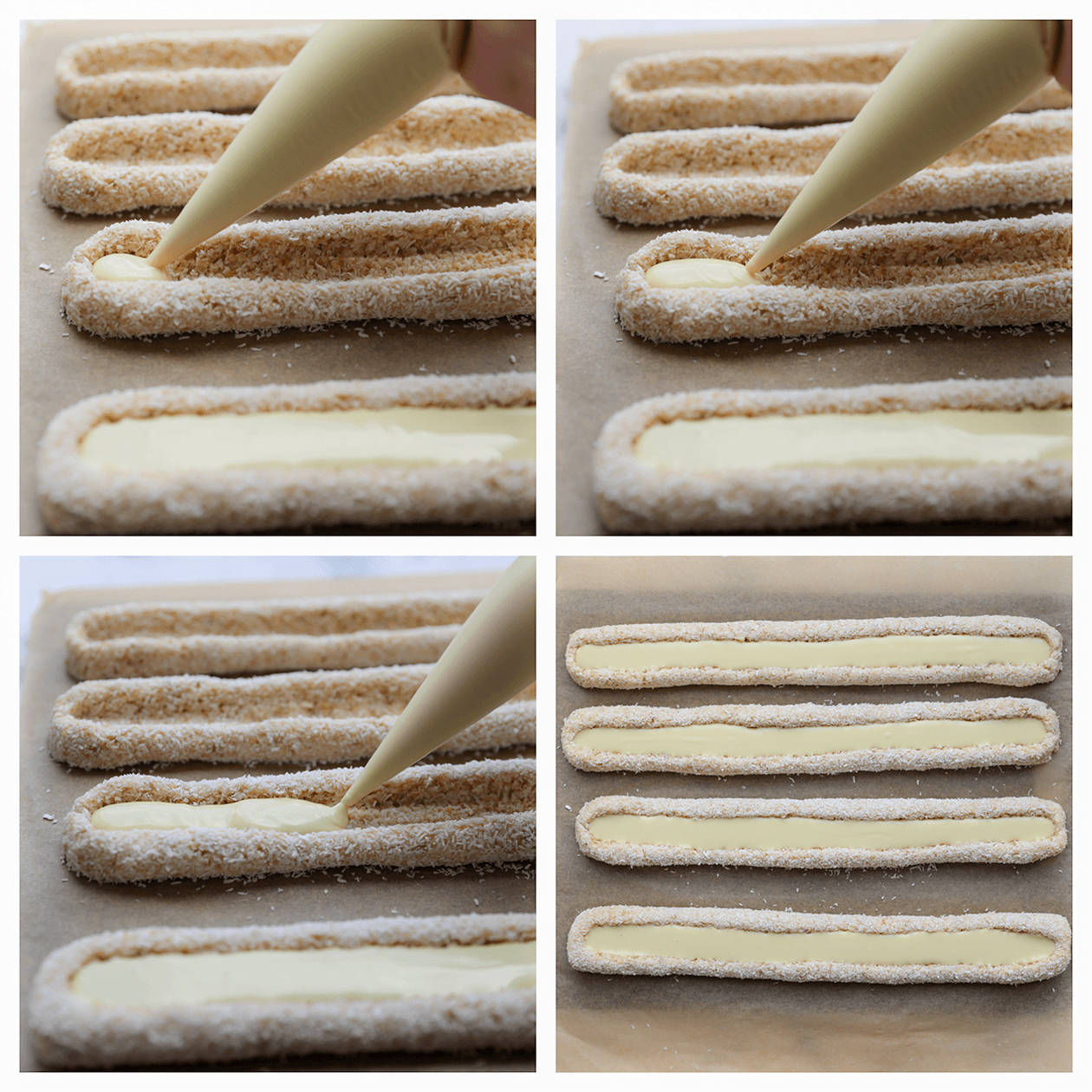 De diepe gaten vullen met de witte chocolade