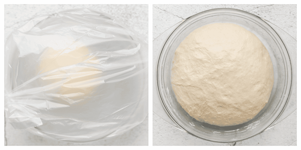 Dek het deeg af en laat het 1 uur op een warme plek rijzen, of totdat het deeg in omvang is verdubbeld.