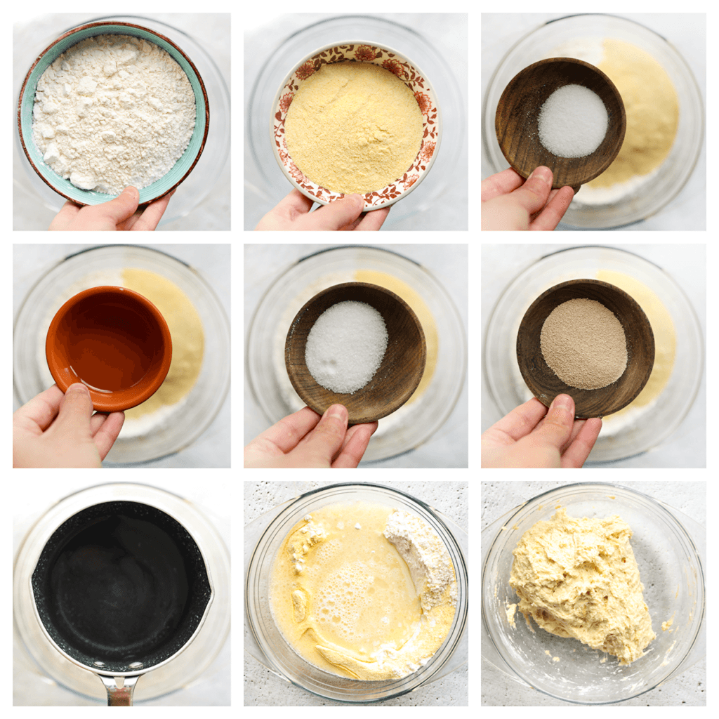 Doe de bloem samen met de fijne griesmeel, het zout, de suiker, gist en zonnebloemolie in een diepe kom. Maak een gat in het midden en voeg het lauwwarme water toe. Meng en kneed het deeg 10-12 minuten.