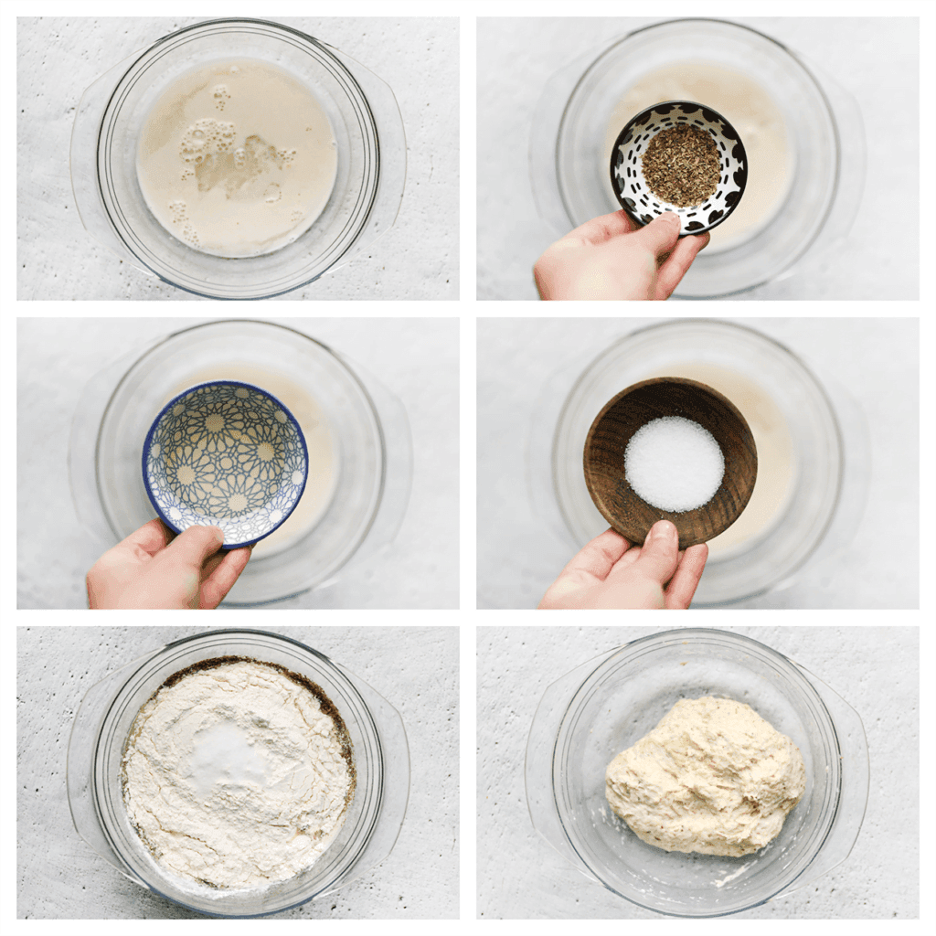 Voeg de zonnebloemolie, Italiaanse kruiden, bloem en het zout toe. Kneed het deeg gedurende 10 minuten tot een geheel.