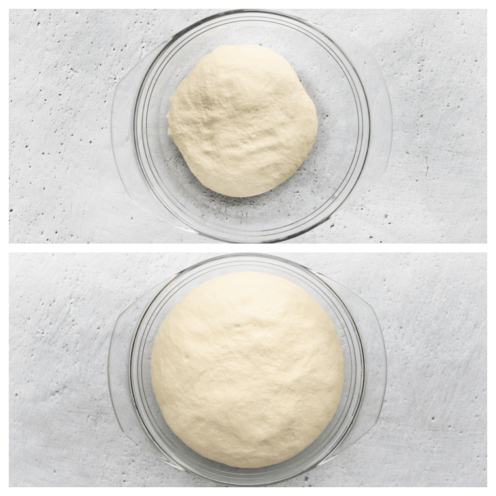 Dek het deeg af en laat het 1 uur rijzen op een warme plek in huis, of tot het in omvang is verdubbeld.