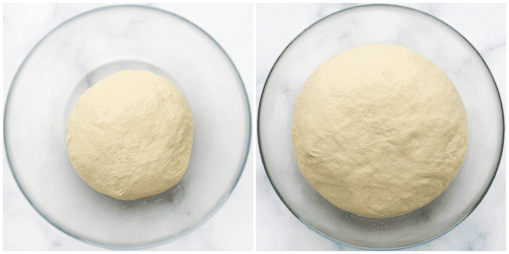 Dek het deeg af en laat het 1 uur rijzen op een warme plek in huis, of tot het deeg in omvang is verdubbeld.