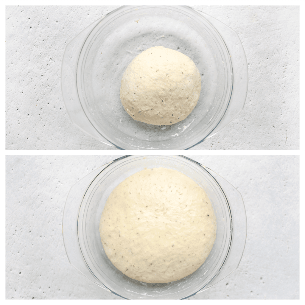 Dek het deeg af en laat het 1 uur rijzen op een warme plek in huis, of totdat het formaat verdubbeld is.