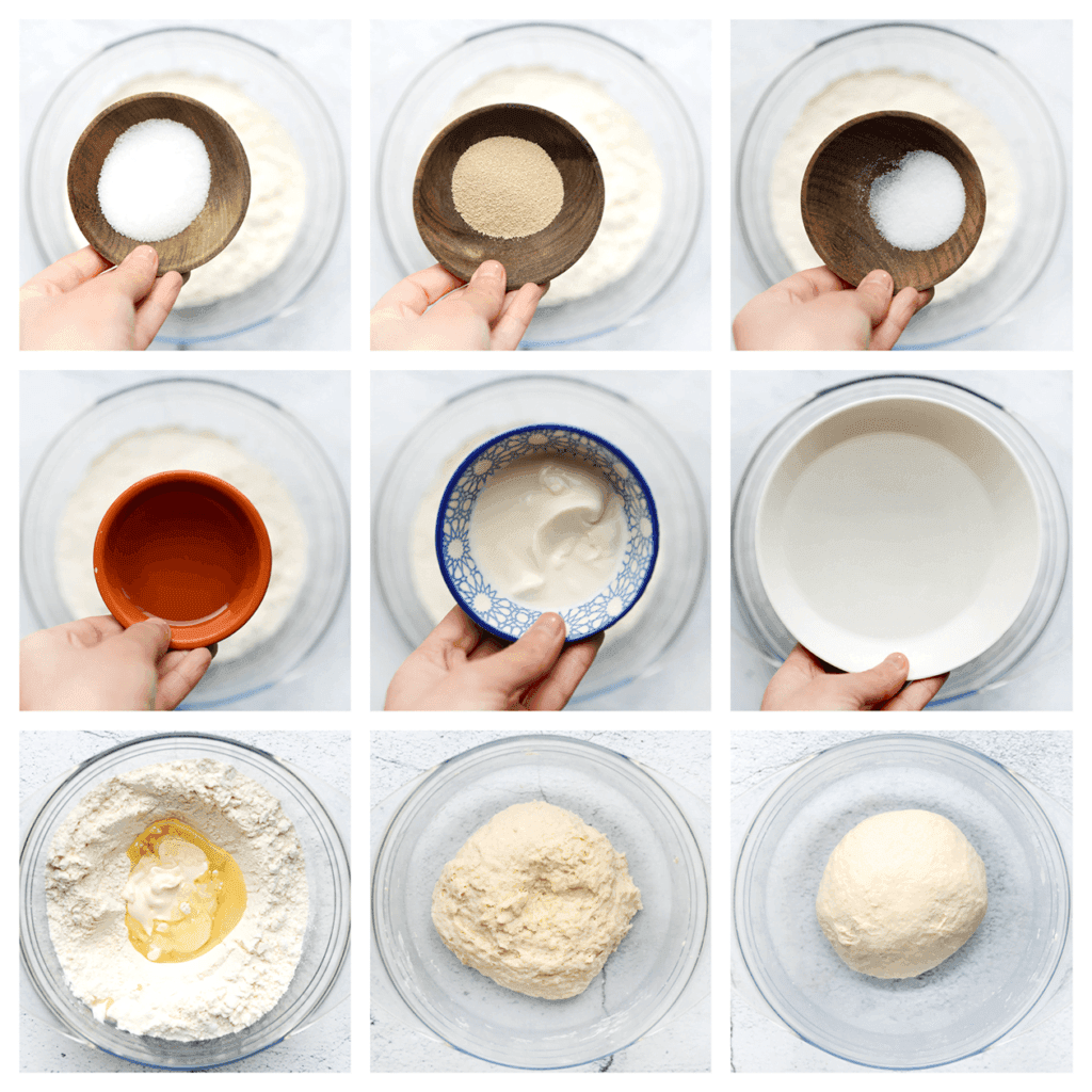 Doe de bloem in een diepe kom. Voeg de gist, suiker, het zout, de zonnebloemolie, yoghurt en het lauwwarme water toe. Meng goed en kneed gedurende 10-12 minuten.