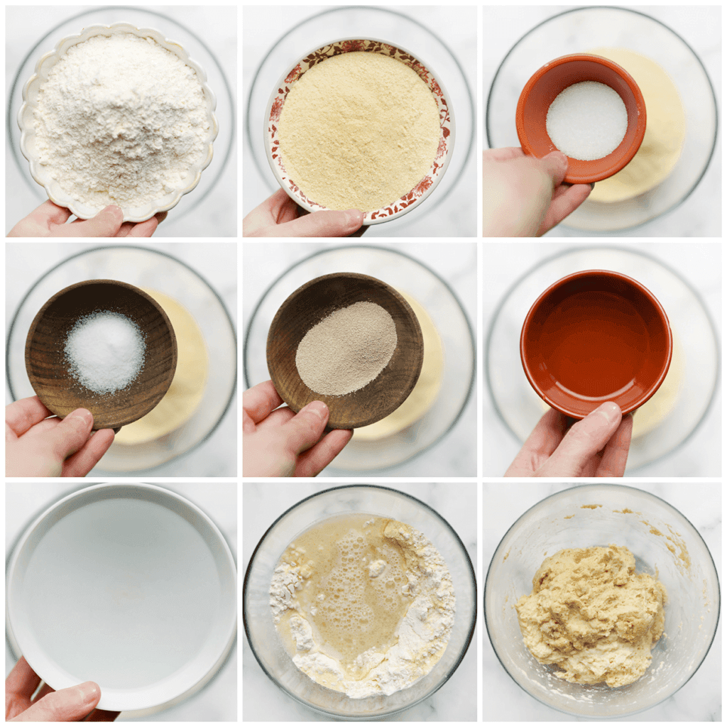 Doe de bloem samen met de fijne griesmeel, het zout, de suiker, gist, zonnebloemolie en het water in een diepe kom. Meng goed en kneed gedurende 10-12 minuten tot een geheel.