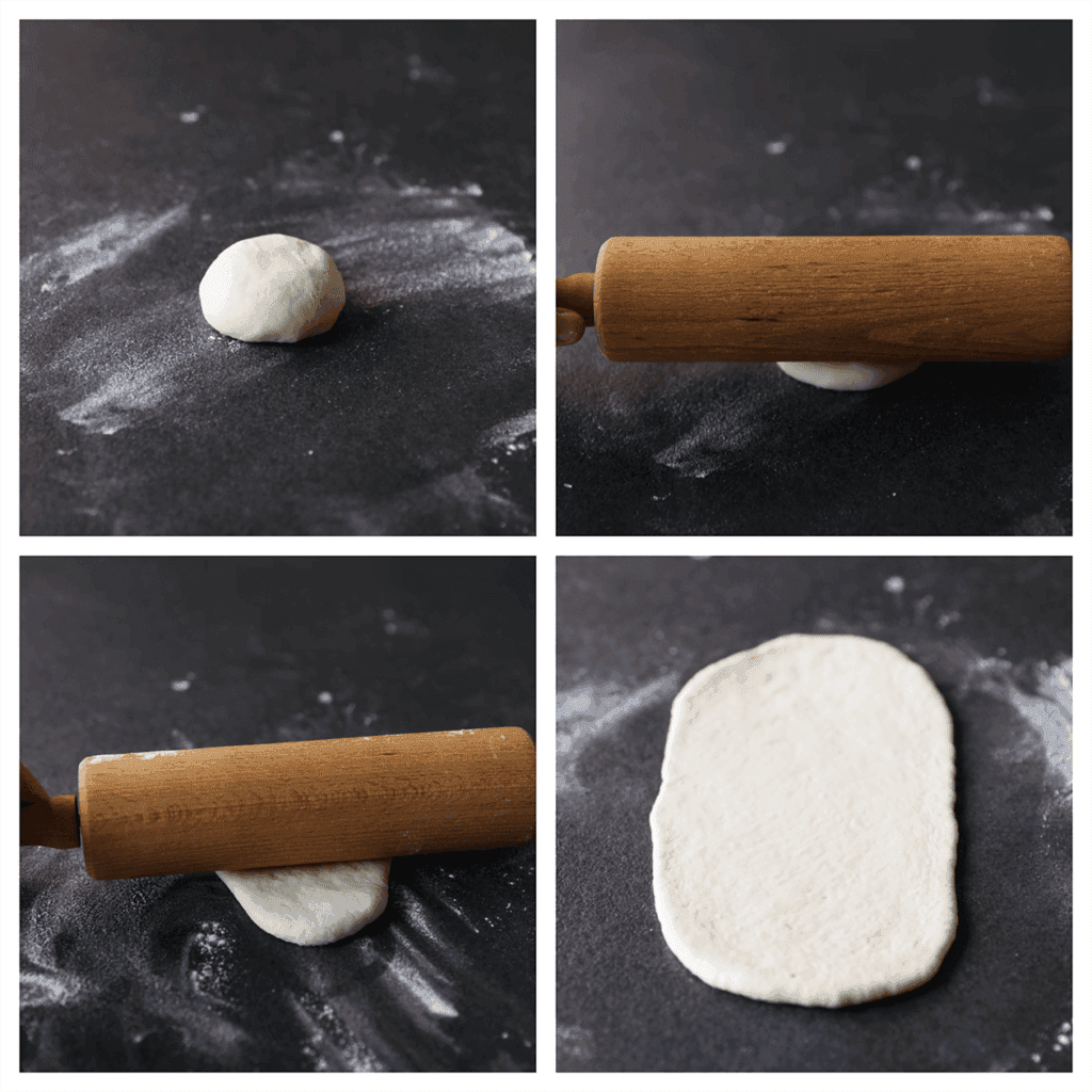 Leg het bolletje deeg op een met bloem bestoven werkplek. Rol het met een deegroller uit tot een ovale vorm van 19x13 cm.