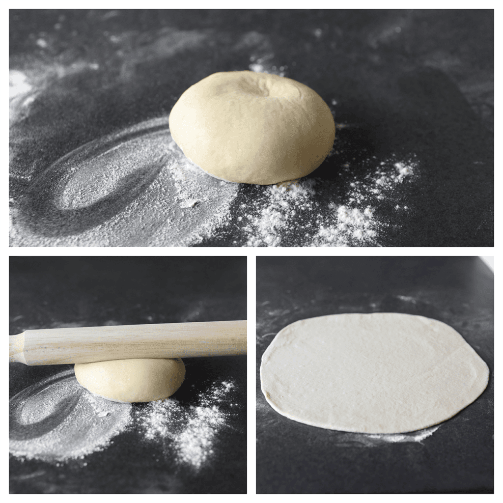 Stort het deeg op een met bloem bestoven werkplek en rol het uit tot een ronde lap van 30 cm.