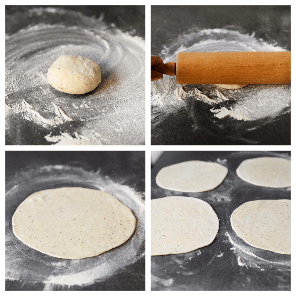 Neem een bolletje deeg en leg deze op een werkplek bestrooid met bloem. Rol het deeg uit tot een ronde dunne lap van 20 cm. Herhaal deze werkwijze.