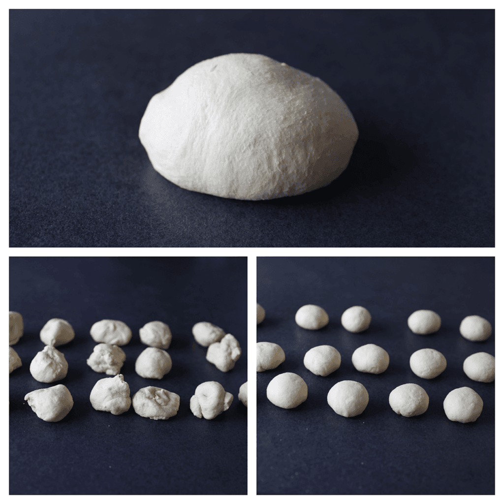 Neem het deeg en verdeel het in 16 stukken. Vorm ze tot bolletjes.