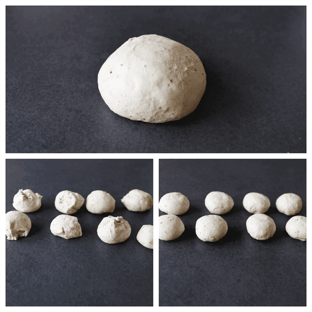 Verdeel het deeg in 8 porties (82 gr per stuk) en vorm ze mooi rond.