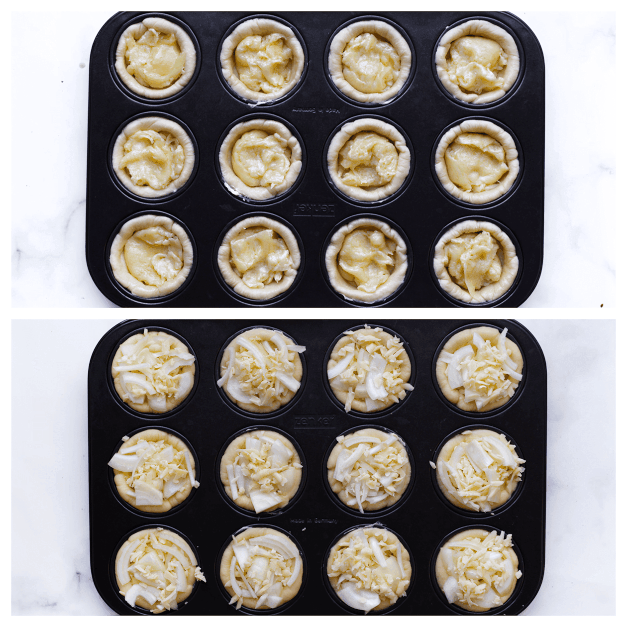 Deeg vullen met kaas en gele ui