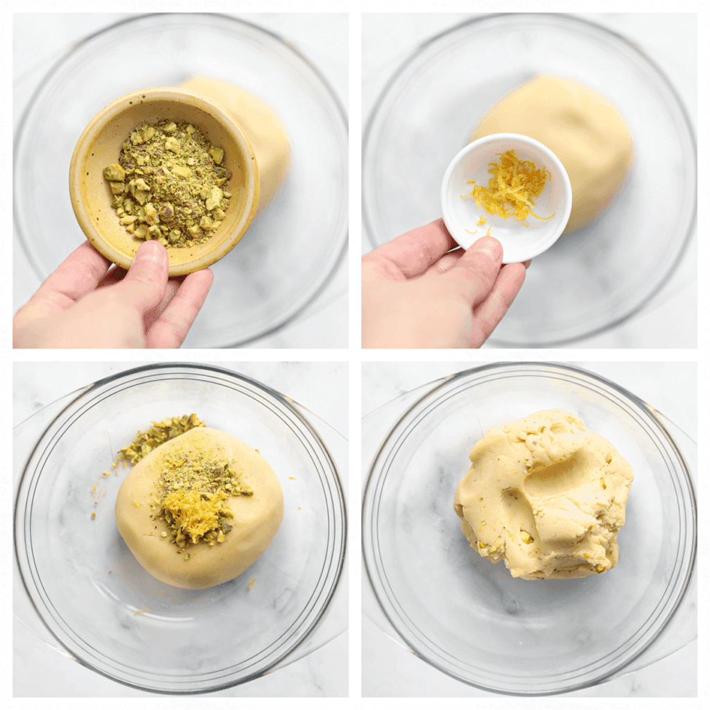 Neem een stuk van het koekjesdeeg en doe dit in een diepe kom. Voeg de gemalen pistachenoten en citroenrasp toe. Meng alles goed tot een geheel.