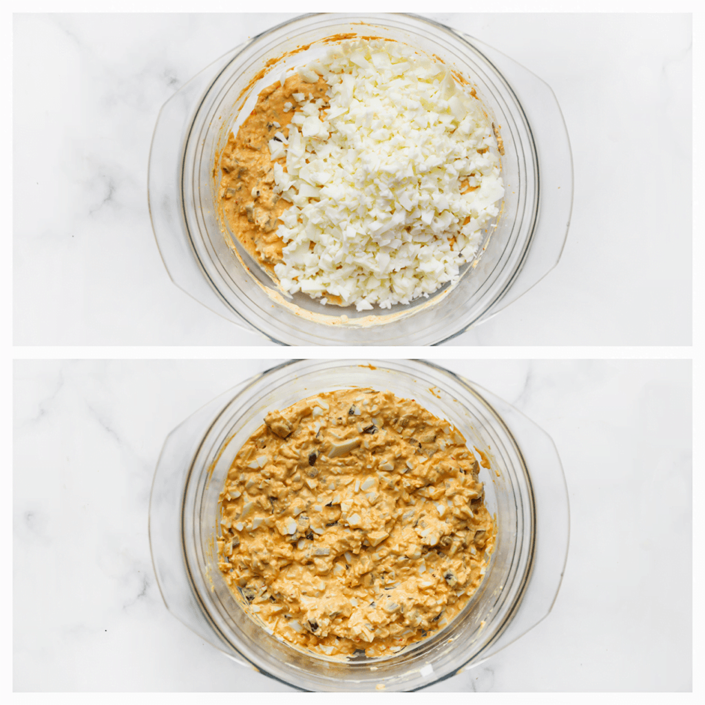 Voeg het eiwit toe en meng alles tot een geheel. Leg de eiersalade apart.