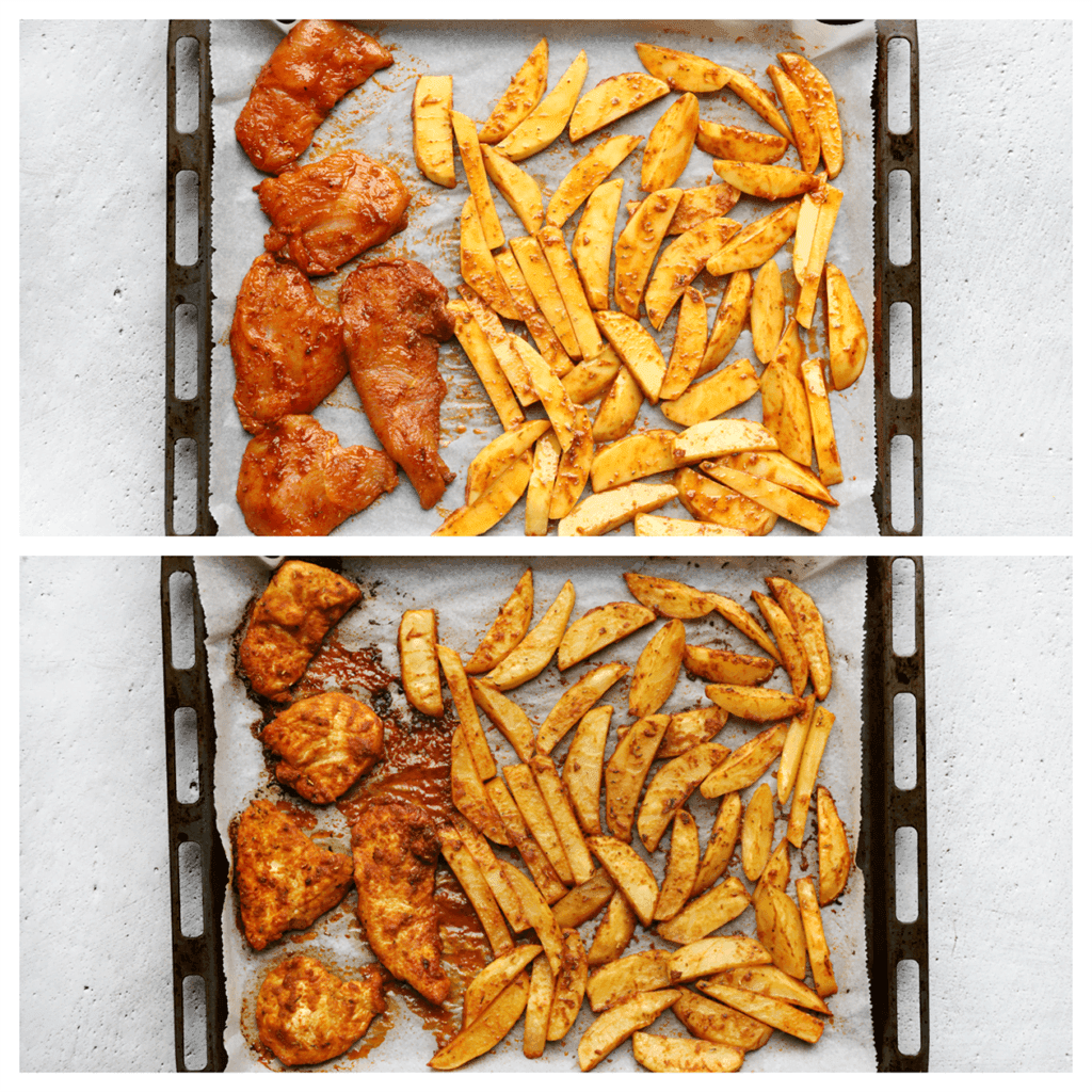 Verdeel de kipfilet en friet over een bakplaat met bakpapier. Zet in een voorverwarmde oven op 200 ℃ en bak gedurende 30 minuten.