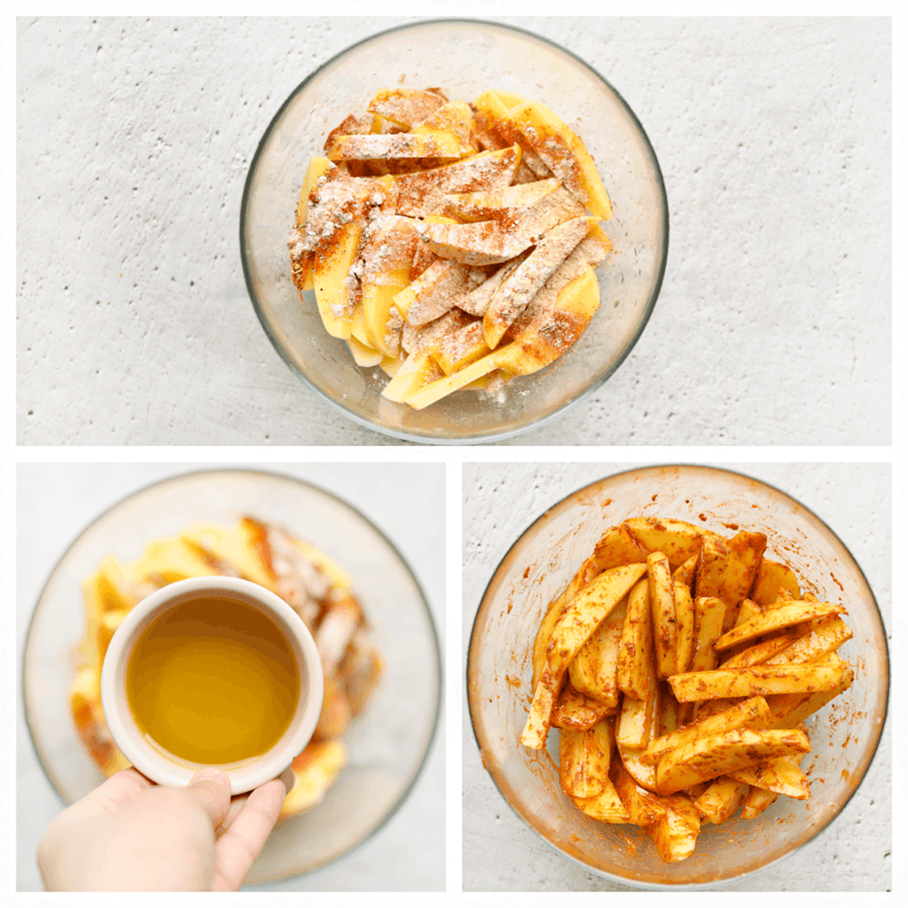 Schil en snijd de aardappels in frietjes. Doe ze in een diepe kom samen met de paprikapoeder, kipkruiden, uienpoeder, knoflookpoeder, Italiaanse kruiden en olijfolie. Meng goed.