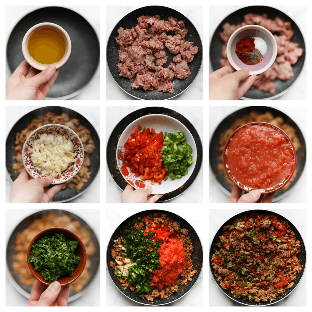 Verhit de olijfolie in een koekenpan op middelhoog vuur. Voeg het gehakt, zout, paprikapoeder, cayennepeper, zwarte peper en pul biber toe. Bak gedurende 3-4 minuten. Voeg de gele ui, rode paprika, groene paprika, geraspte tomaat en peterselie toe. Meng goed en kook gedurende 4 minuten.