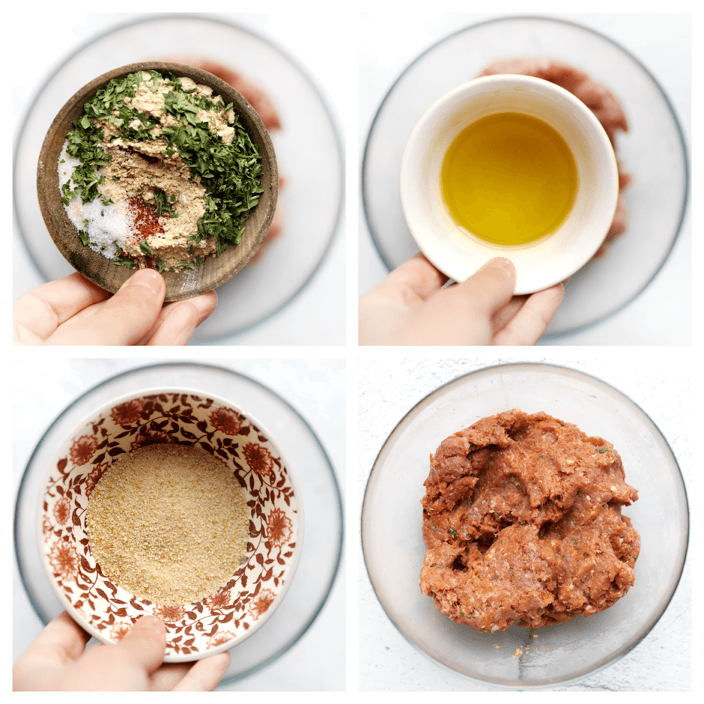 Doe het gehakt in een diepe kom. Voeg de ras el hanout, cayennepeper, paprikapoeder, knoflookpoeder, uienpoeder, het zout, de gedroogde peterselie, olijfolie en broodkruimels toe. Meng goed.