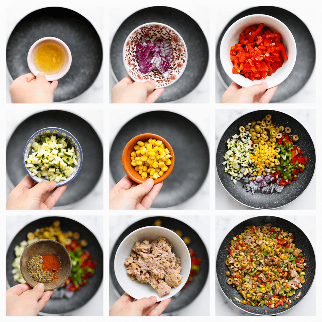 Maak het blik tonijn open en laat de zonnebloemolie uitlekken in een koekenpan. Verhit deze op middelhoog vuur. Voeg de rode ui, rode paprika, groene paprika, courgette, maïs, groene olijven, cayennepeper, Italiaanse kruiden en tonijn toe. Meng alles goed en bak het 4-5 minuten.