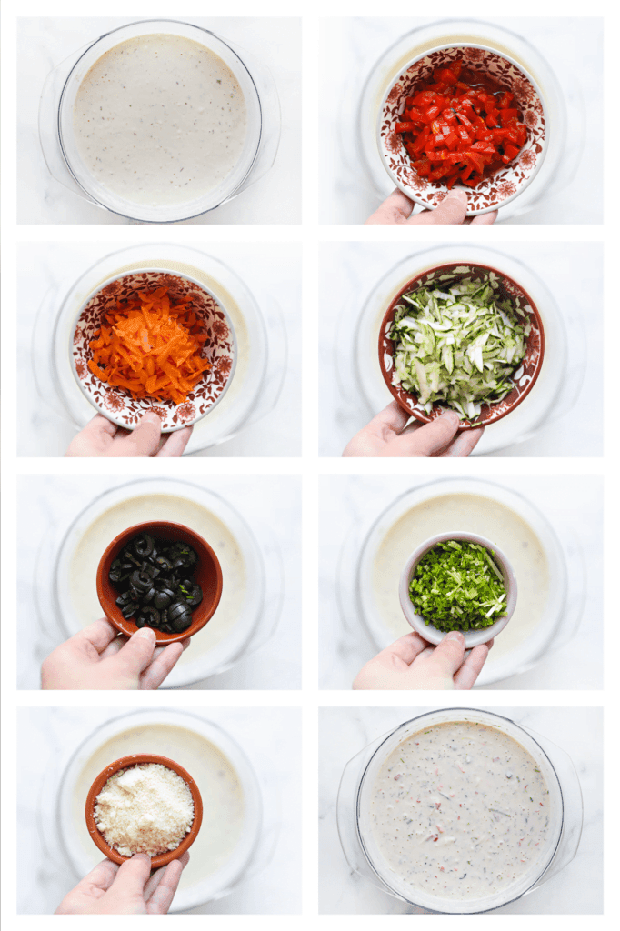 Voeg de rode paprika, courgette, bieslook, wortel, zwarte olijven en Grana Padano toe. Meng tot een geheel.