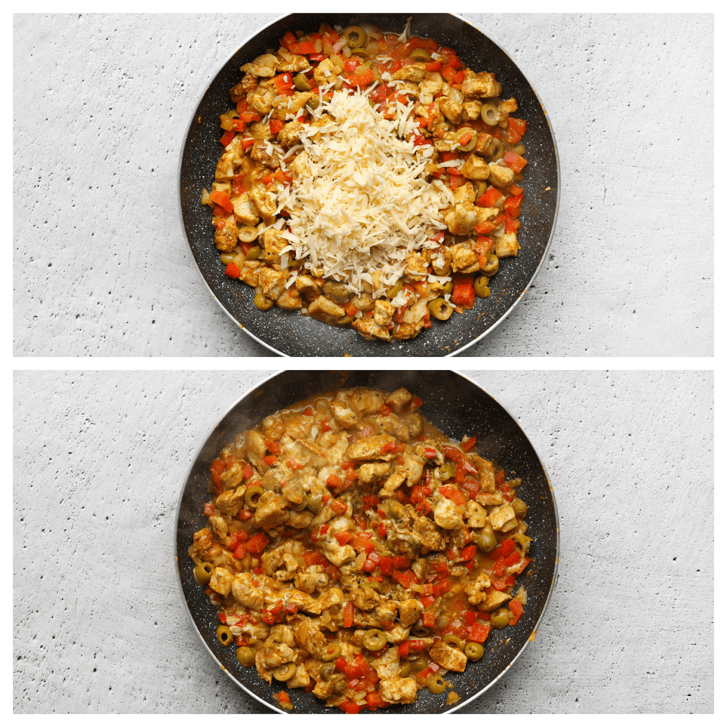 Haal de pan van het vuur en voeg de geraspte kaas toe. Meng goed.