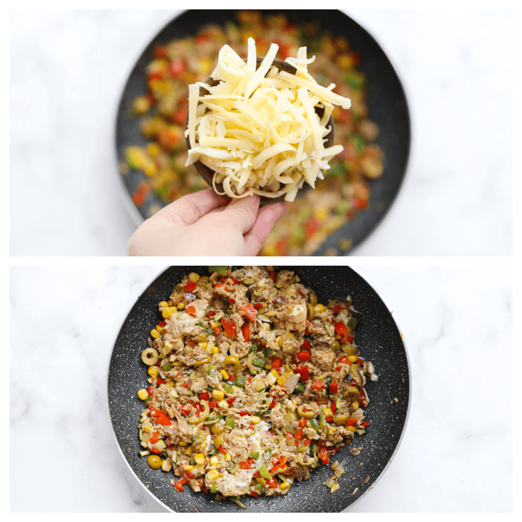 Voeg de geraspte kaas toe en meng opnieuw.