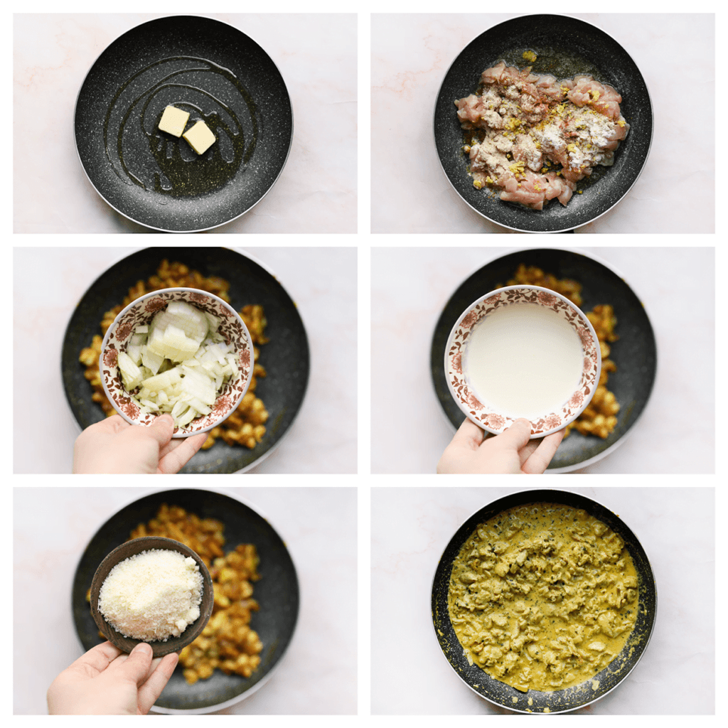 Verhit de olijfolie samen met de roomboter in een koekenpan op middelhoog vuur. Voeg de stukjes kipfilet, currypoeder, cayennepeper, uienpoeder, knoflookpoeder en Italiaanse kruiden toe, en verkruimel het kippenbouillonblokje boven de pan. Bak gedurende 2 minuten. Voeg de gele ui toe en bak gedurende 3-4 minuten. Voeg de ongeklopte slagroom toe en kook gedurende 4-5 minuten, of totdat de saus is ingedikt. Voeg als laatste de Grana Padano toe en meng goed.