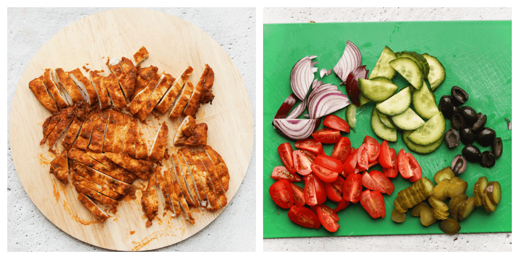 Snijd de kipfilet en groenten in stukken.