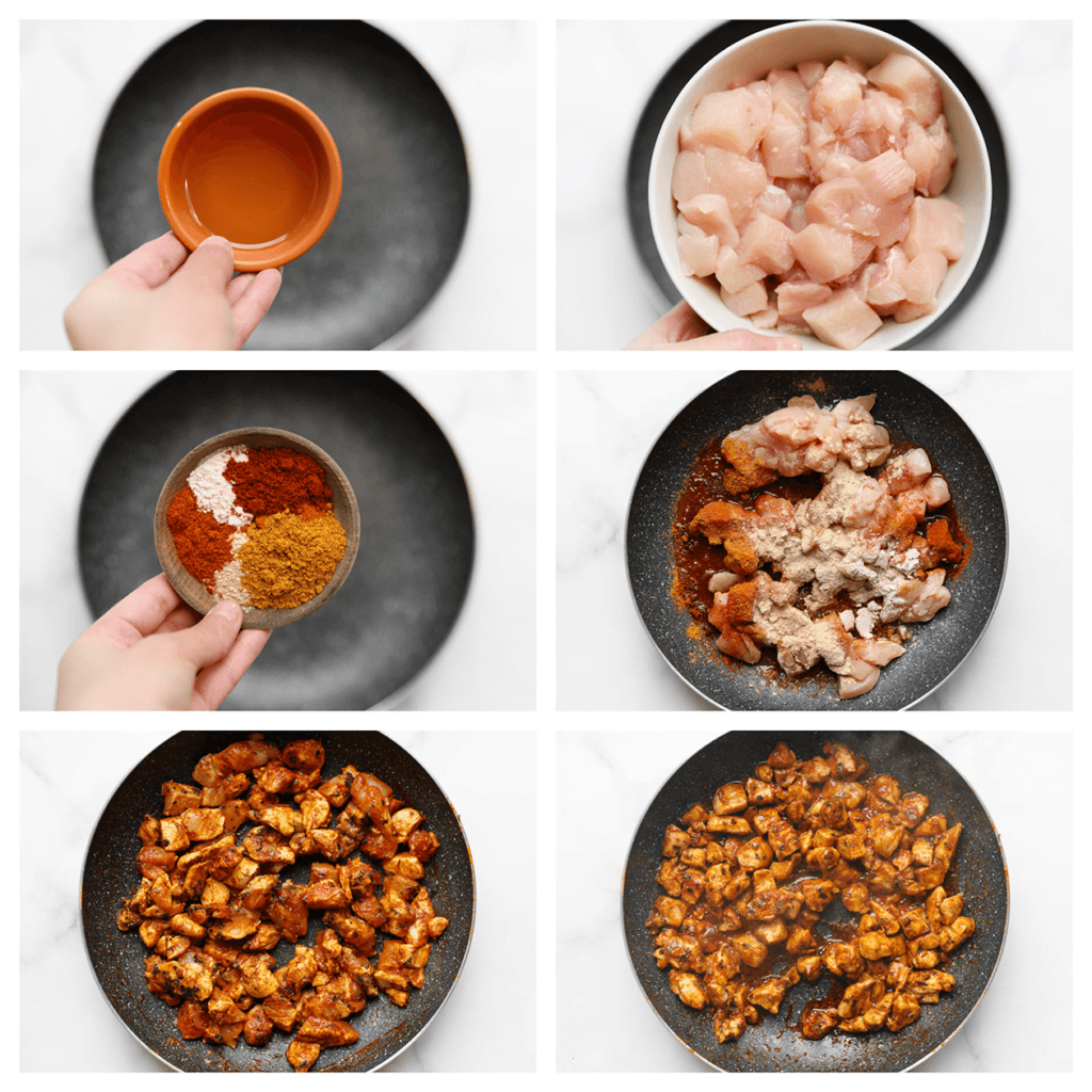 Was en snijd de kip in stukken. Verhit de olijfolie in een koekenpan op middelhoog vuur. Voeg de kip, kipkruiden, ras el hanout, knoflookpoeder, uienpoeder, cayennepeper en paprikapoeder toe. Meng goed. Bak in ca. 6-7 minuten gaar.