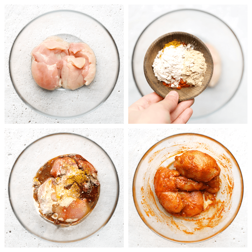 Was en snijd de kipfilet in grote stukken. Doe de kipfilet samen met de kipkruiden, paprikapoeder, cayennepeper, uienpoeder, knoflookpoeder, Italiaanse kruiden, currypoeder en olijfolie in een kom. Meng goed.