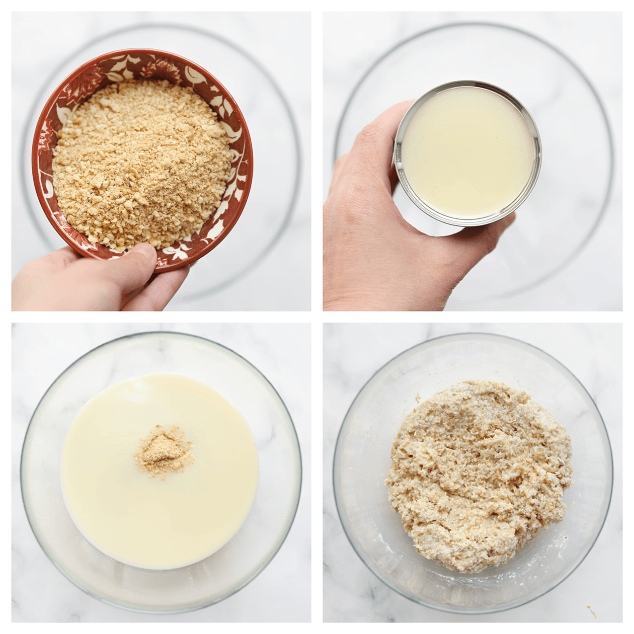 Koek mengen met gecondenseerde melk in een diepe kom