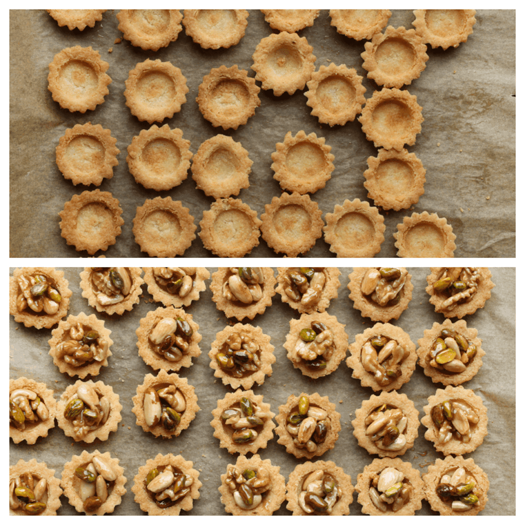 Vul de koekjes meteen met het warme notenmengsel, want dit wordt namelijk snel hard.