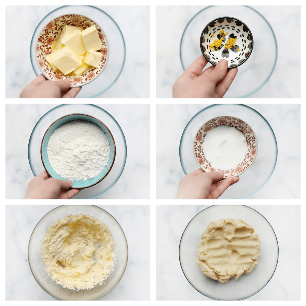 Doe de zachte roomboter samen met de citroenrasp en suiker in een diepe kom. Mix tot een geheel. Voeg de bloem toe en meng goed. Kneed tot een mooi geheel.