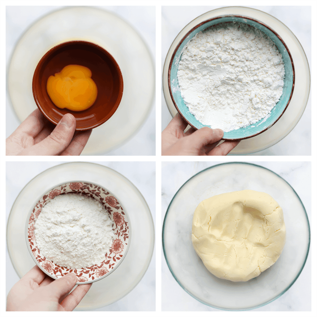 Voeg het ei toe en mix tot een geheel. Voeg de maïzena, bloem en het bakpoeder toe. Meng en kneed tot een mooi koekjesdeeg.