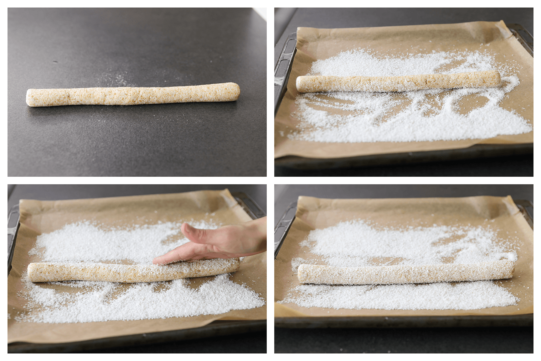 Koekstaaf door de geraspte kokos halen