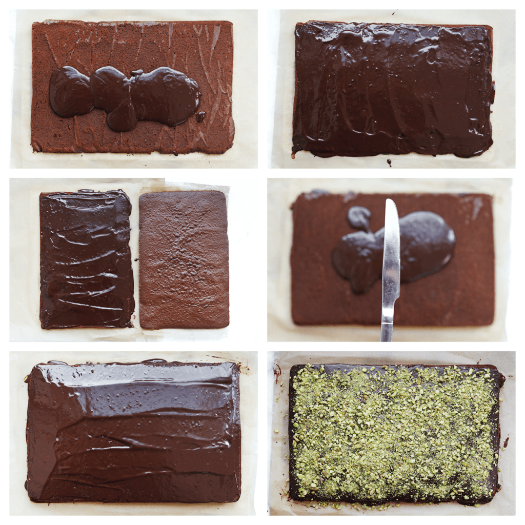 Leg een laag cake op een vel bakpapier. Smeer er een laagje ganache over en verdeel het gelijkmatig. Leg de andere cake erop. Smeer de resterende ganache eroverheen. Garneer met de gehakte pistachenoten.