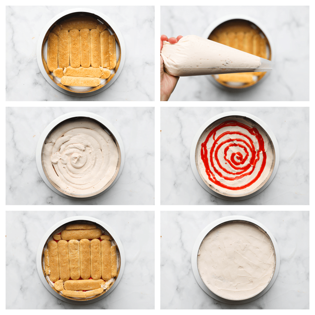 Haal de lange vingers een voor een door de melk en doe deze in een springvorm/bakvorm. Spuit er een laagje van de aardbeienroom op en smeer dit goed uit. Spuit er vervolgens wat van het aardbeienmengsel op. Herhaal dit met nog een laagje lange vingers (haal deze eerst weer door de melk). Spuit er weer wat aardbeienroom op en smeer dit goed uit.