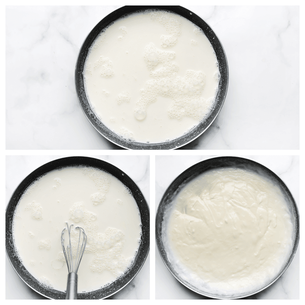 Doe het melkmengsel in een diepe pan en kook al roerend op een niet al te hoog vuur. Haal de pan van het vuur wanneer het mengsel dikker wordt. Laat het iets afkoelen.