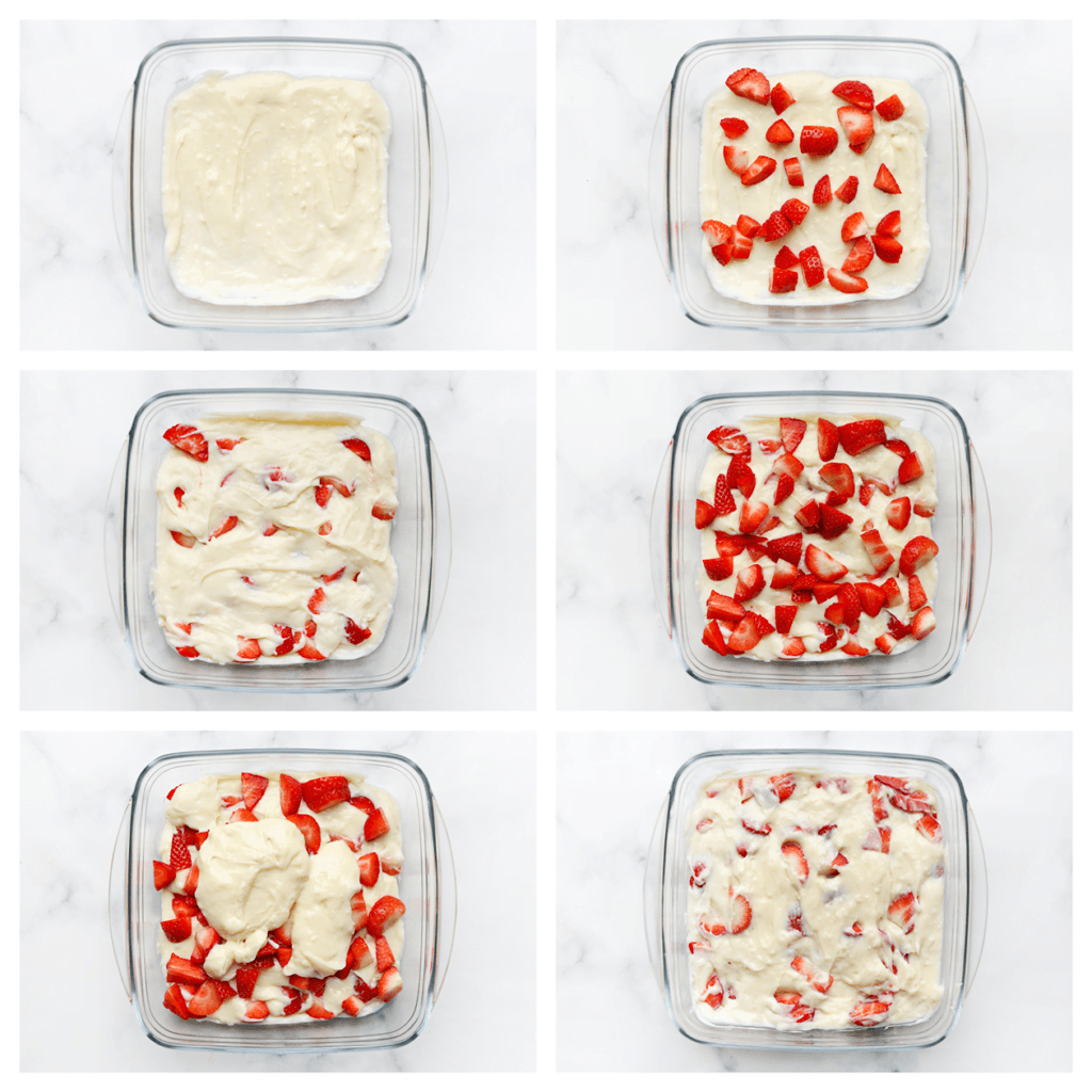 Verdeel het melkmengsel over een ovenschaal en leg daarop de aardbeien. Herhaal dit met nog een laag melkmengsel, aardbeien en vervolgens nog eens het melkmengsel.