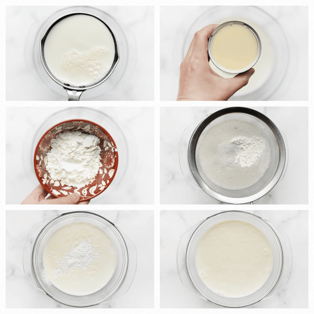 Doe de melk samen met de gecondenseerde melk in een diepe kom. Meng alles goed samen met een garde. Zeef de maïzena boven de kom en meng goed.