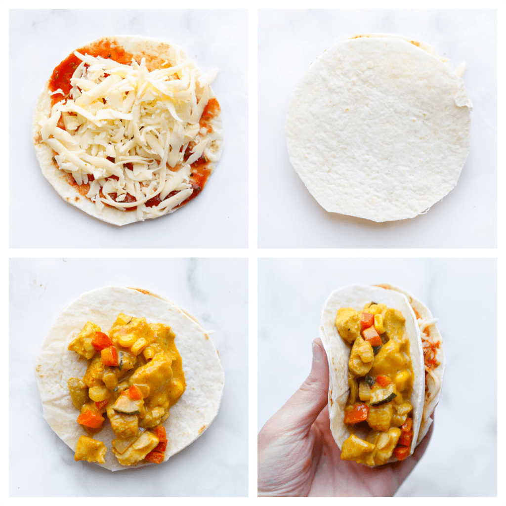 Neem een mini wrap en smeer er een laagje van de tomatensaus over. Strooi er wat geraspte kaas overheen en bedek met nog een mini wrap. Schep het kipmengsel erop en vouw het geheel als een taco dicht.