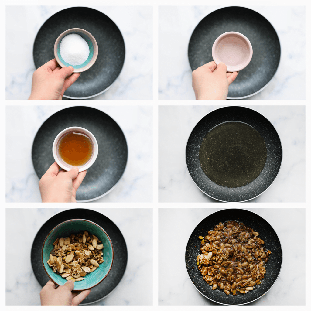 Verhit de suiker samen met het water en de honing in een koekenpan op middelhoog vuur. Meng goed. Kook tot de suiker is opgelost. Voeg de notenmix toe en kook deze mee tot het suikermengsel karamelliseert.