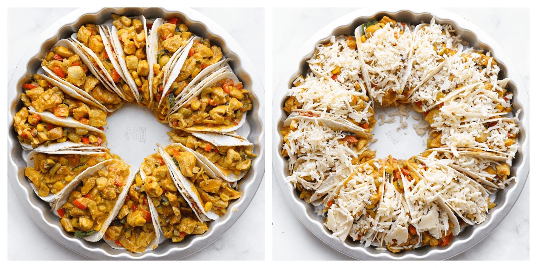 Ovenschaal vullen met de kipwraps en garneren met geraspte kaas