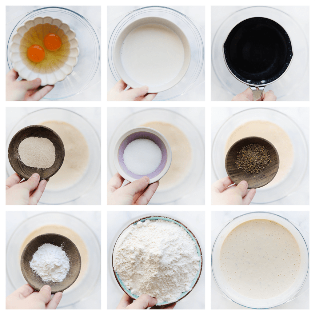 Breek de eieren boven de kom en klop ze los. Voeg de lauwwarme melk toe en meng goed. Voeg de gist, suiker, bakpoeder en Italiaanse kruiden toe. Meng tot een geheel. Voeg het lauwwarme water toe en meng goed. Voeg de bloem en het zout toe. Meng tot een geheel. Dek af en laat 15-30 minuten rijzen.