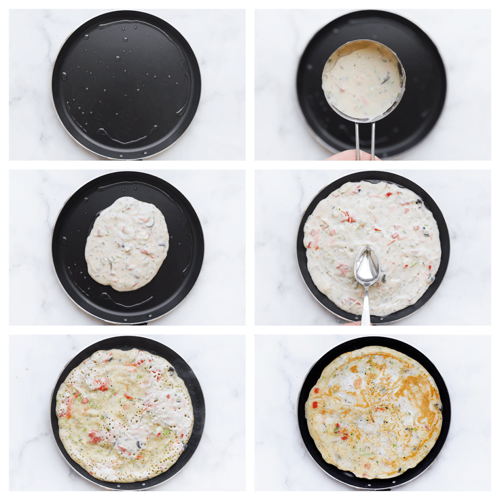 Verhit een scheutje zonnebloemolie in een koekenpan/pannenkoekenpan op middelhoog vuur. Voeg het beslag toe (155 gr per stuk). Bak 30-45 seconden aan een kant. Draai de pannenkoek om en bak gaar.