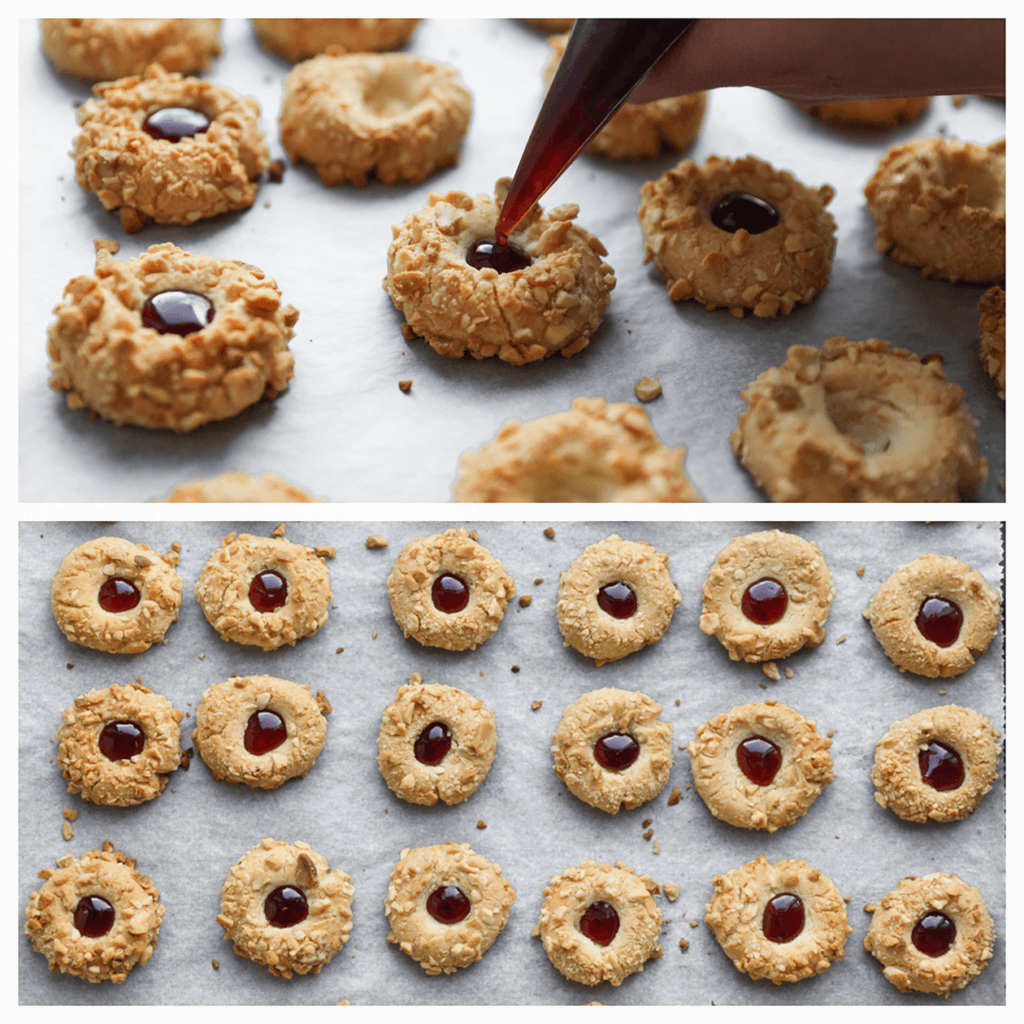 Vul de pindakoekjes met de jam en leg apart.