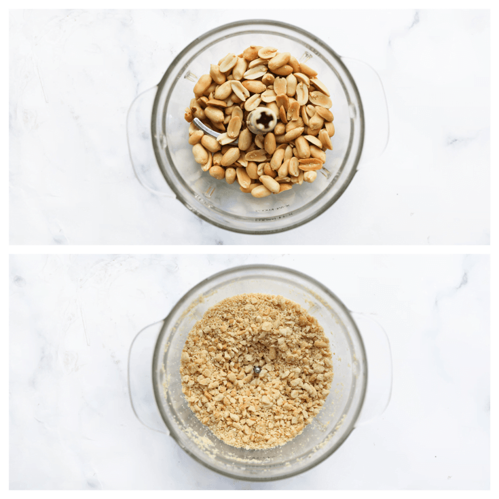 Doe de pinda's in een hakmolen en maal ze niet al te fijn.