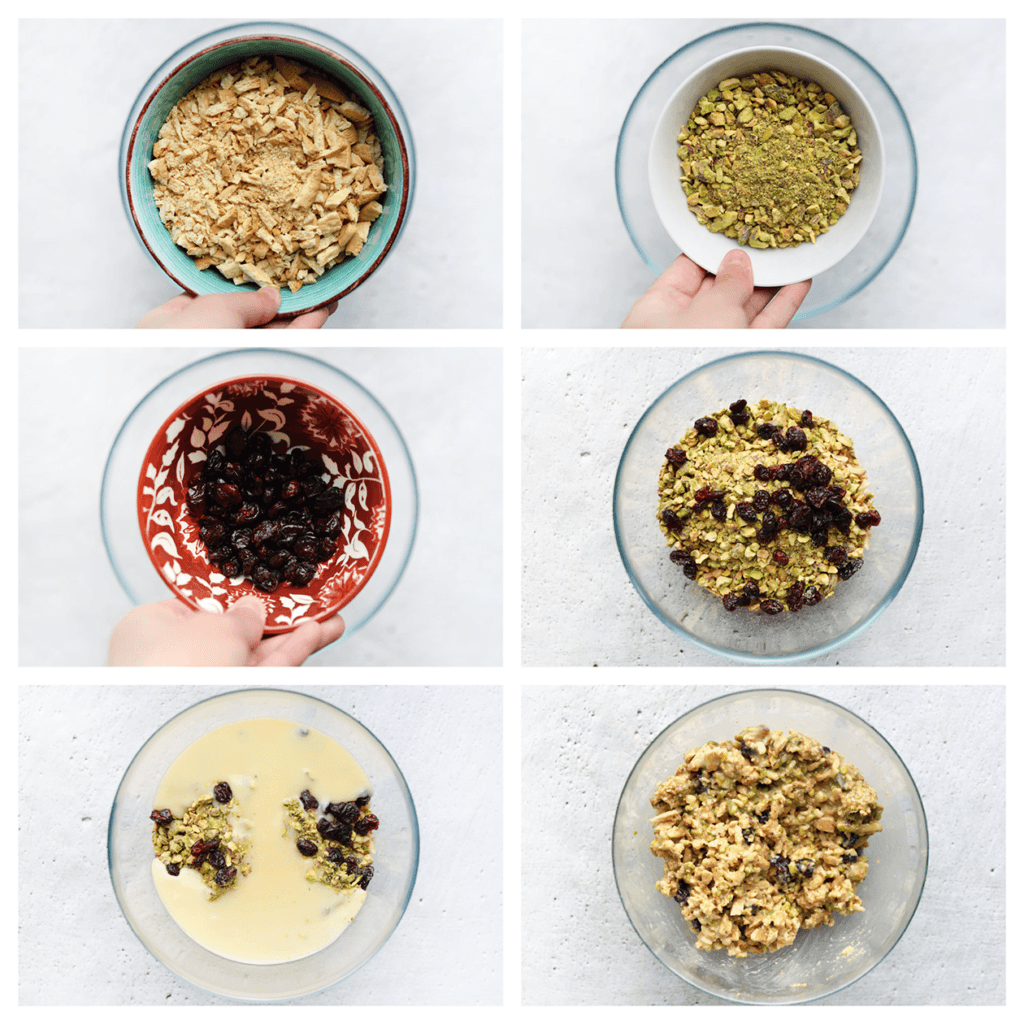 Doe de maria biscuit, pistachenoten, cranberries en witte chocoladeganache in een diepe kom. Meng goed.