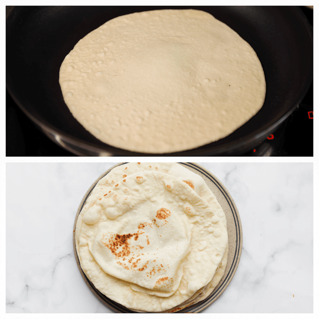 Verhit een koekenpan met dikke bodem op middelhoog vuur. Leg het deeg erop en bak aan beide kanten gaar. Stapel de platte broodjes op elkaar en dek af met een schone theedoek.