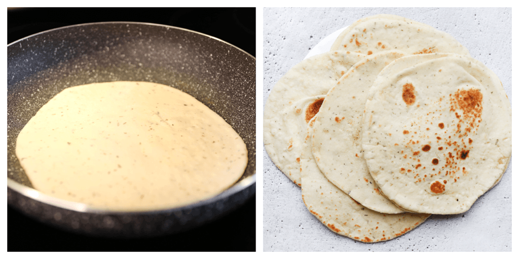 Verhit een koekenpan op middelhoog vuur. Bak de platte broodjes aan beide kanten gaar.