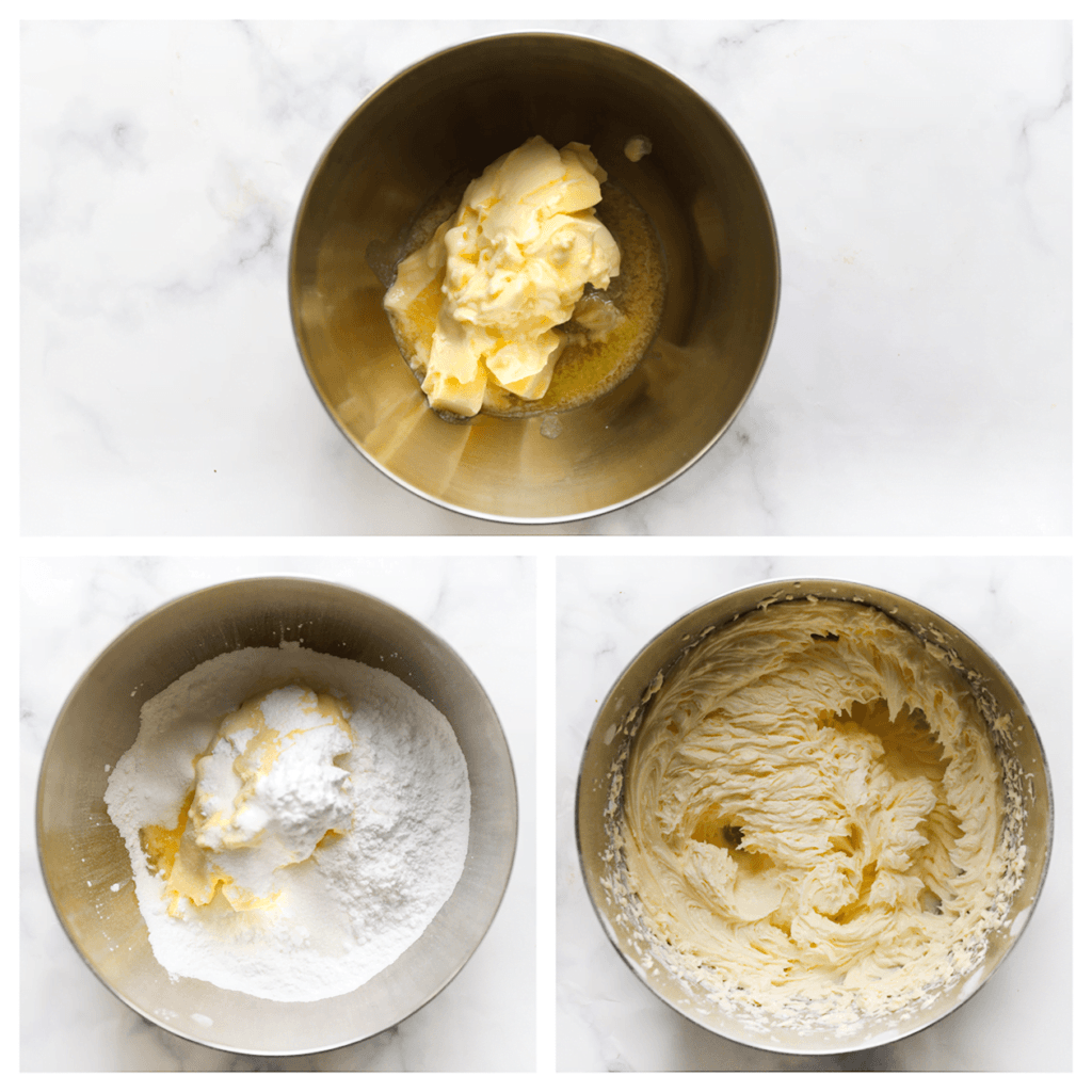 Doe de zachte roomboter in een diepe kom. Voeg de poedersuiker, vanillesuiker en het zout toe. Mix tot een gladde massa.